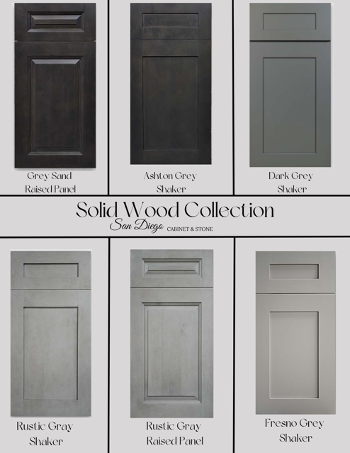 Kitchen cabinet door color samples in grey and brown tones. Six doors are shown, with text labels of the colors and styles.