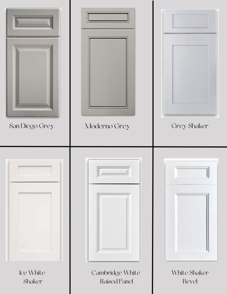 Six cabinet door styles: San Diego Grey, Acadian Grey, Grey Shaker, Ice White Shaker, Cambridge Cream Raised Panel, and White Boston Bevel.