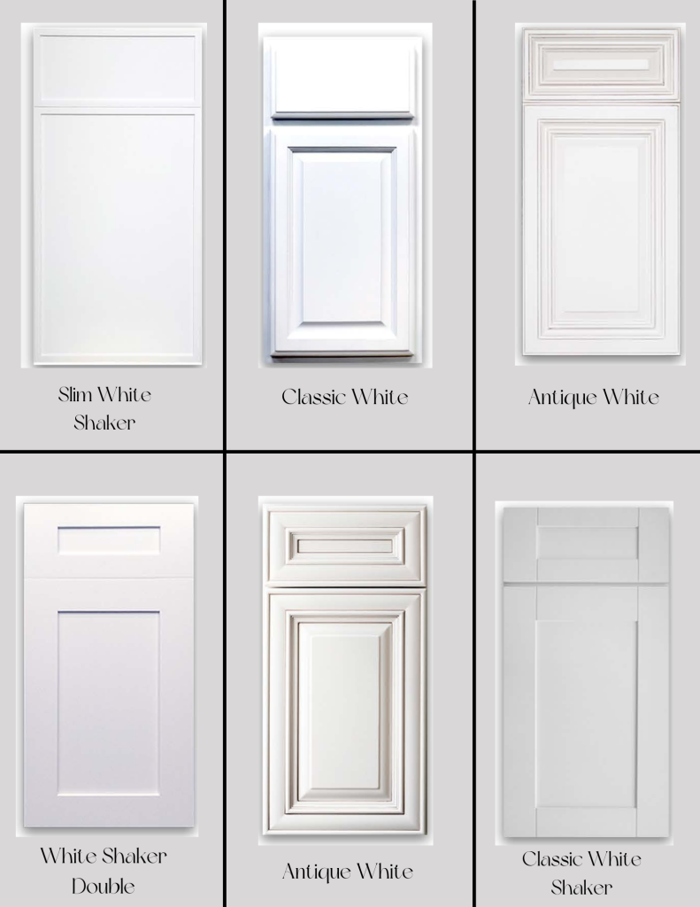Six white kitchen cabinet door styles displayed, including Shaker, raised panel, and decorative designs.