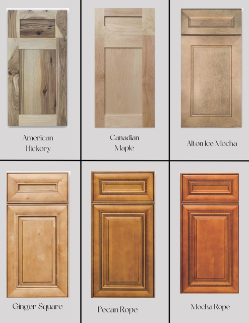 Six different wooden cabinet door styles in various wood tones and finishes.