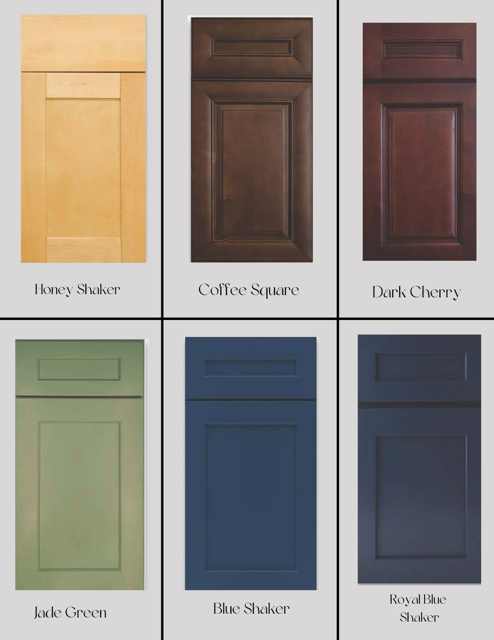 Six different colored kitchen cabinet door samples: Honey Shaker, Coffee Square, Dark Cherry, Jade Green, Blue Shaker, and Royal Blue Shaker.