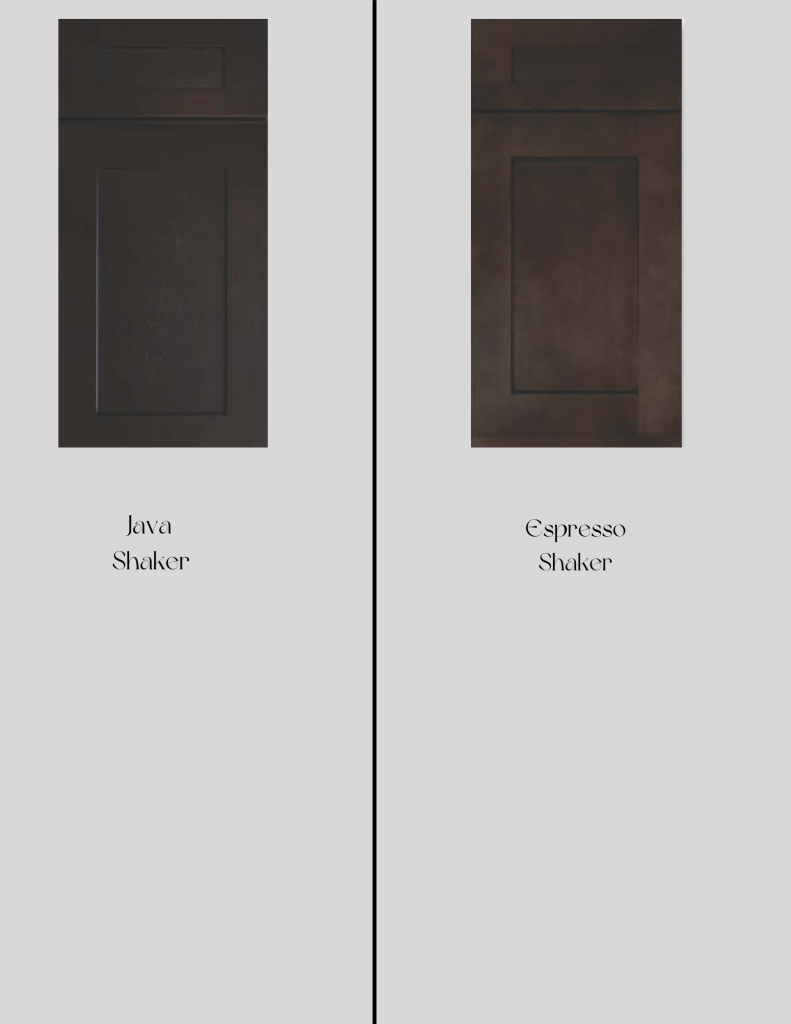 Two dark brown cabinet doors, one labeled 
