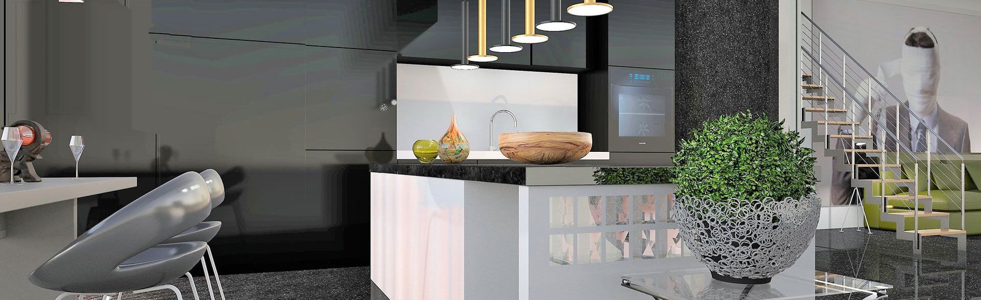 Modern kitchen with a breakfast bar, a leafy plant, and a view of a staircase leading to a sitting area.