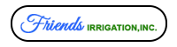 Logo for Friends Irrigation, Inc., with blue "Friends" and green "IRRIGATION, INC." in a black outlined oval.