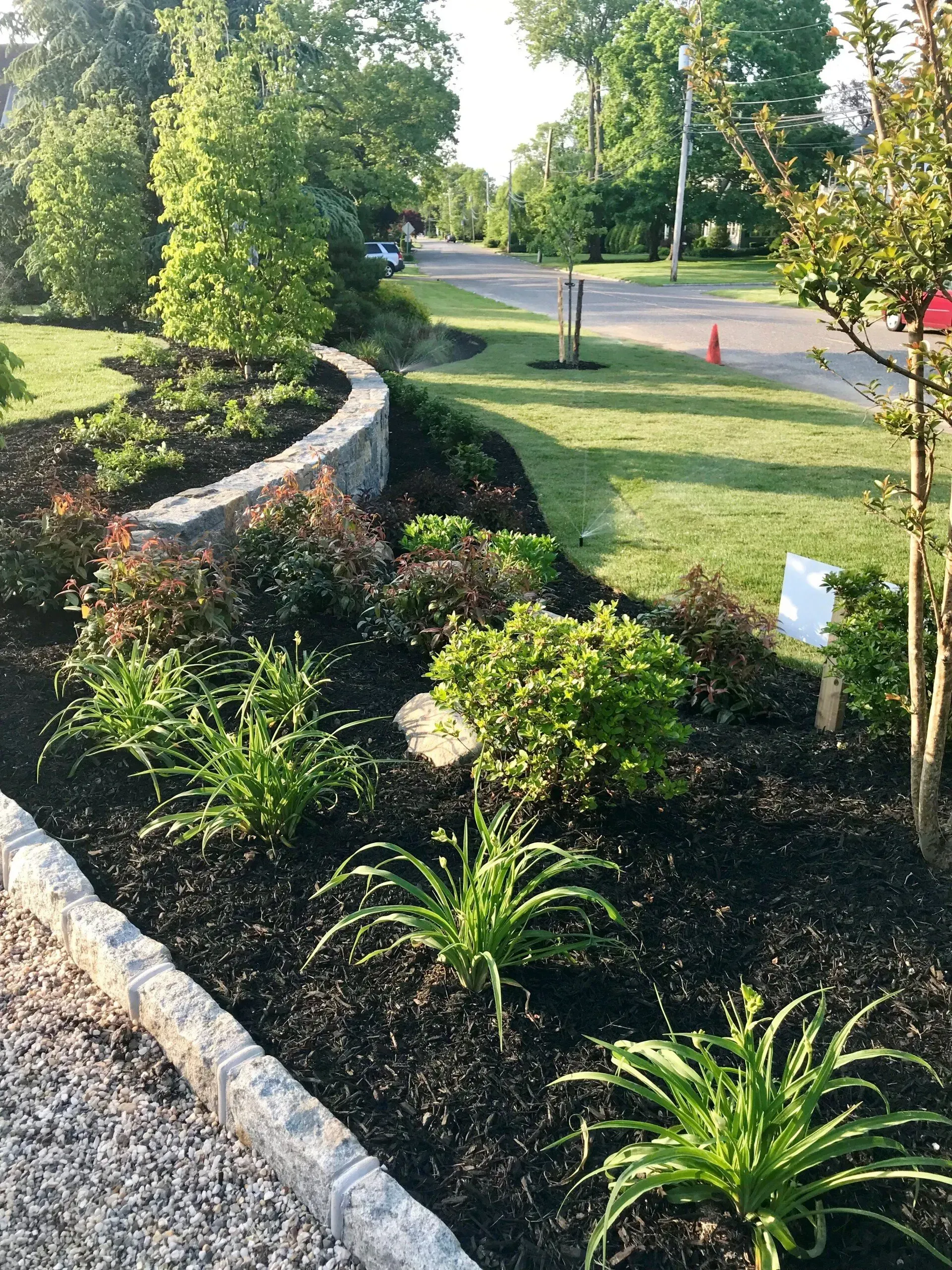 Landscaped garden bed with stone wall and dark mulch, daylilies, shrubs, and grassy lawn.