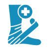 Blue icon of an injured ankle wrapped in a bandage with a medical cross symbol above it.