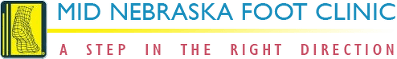 Logo for Mid Nebraska Foot Clinic with a yellow foot icon and the text "A Step in the Right Direction."