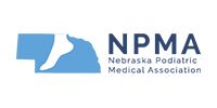 Logo of the Nebraska Podiatric Medical Association showing a blue Nebraska state outline featuring a white foot silhouette.