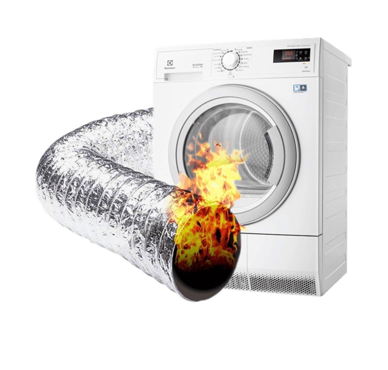 A washing machine and dryer with a fire coming out of it.