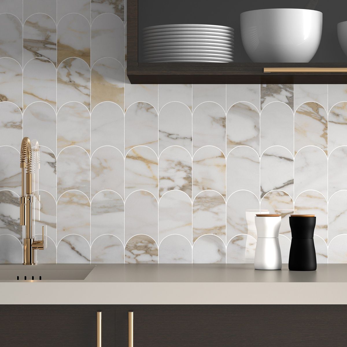 A kitchen with marble tiles on the wall and a sink.