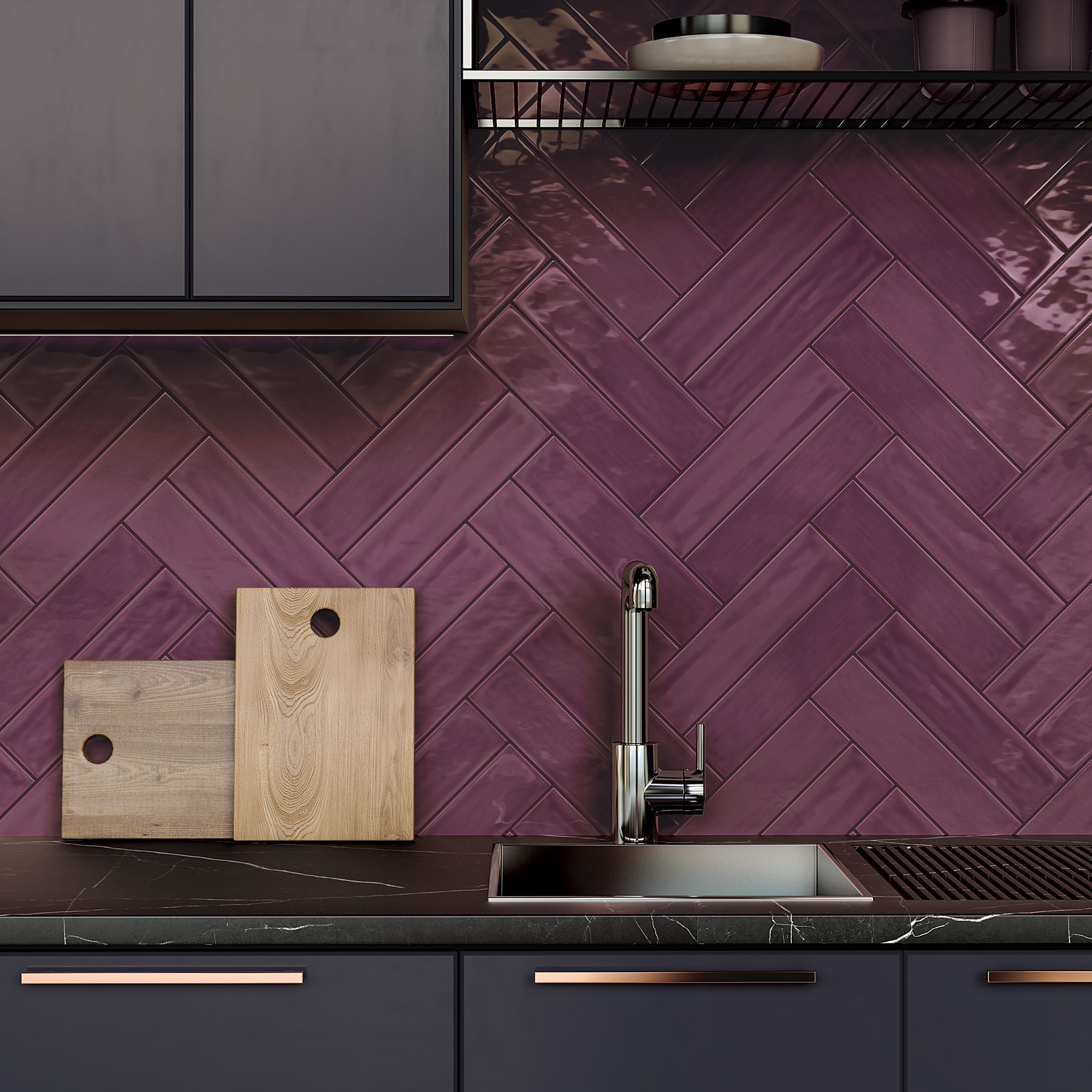 A kitchen with purple tiles and a sink