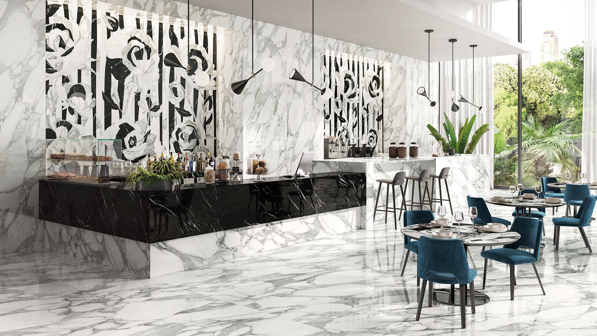 A restaurant with tables and chairs in front of a marble wall.