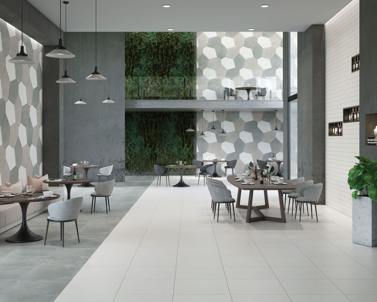 A large room with tables and chairs in it