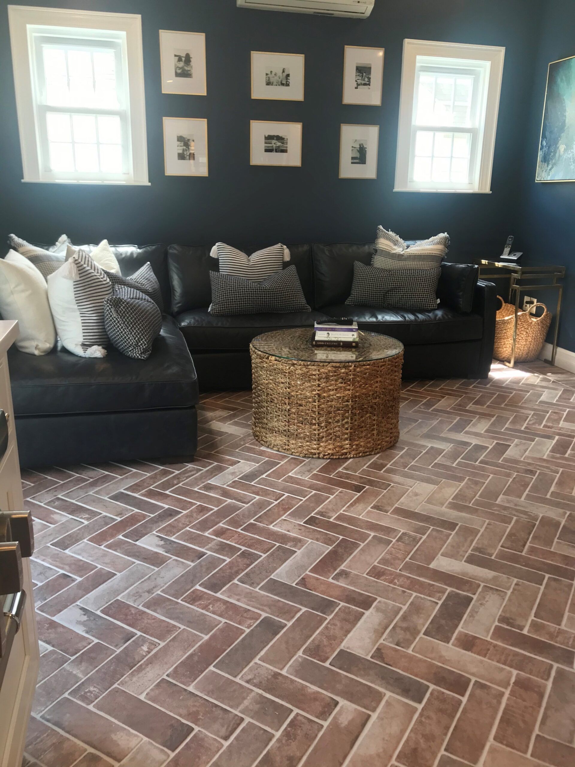 A living room with a couch and a coffee table