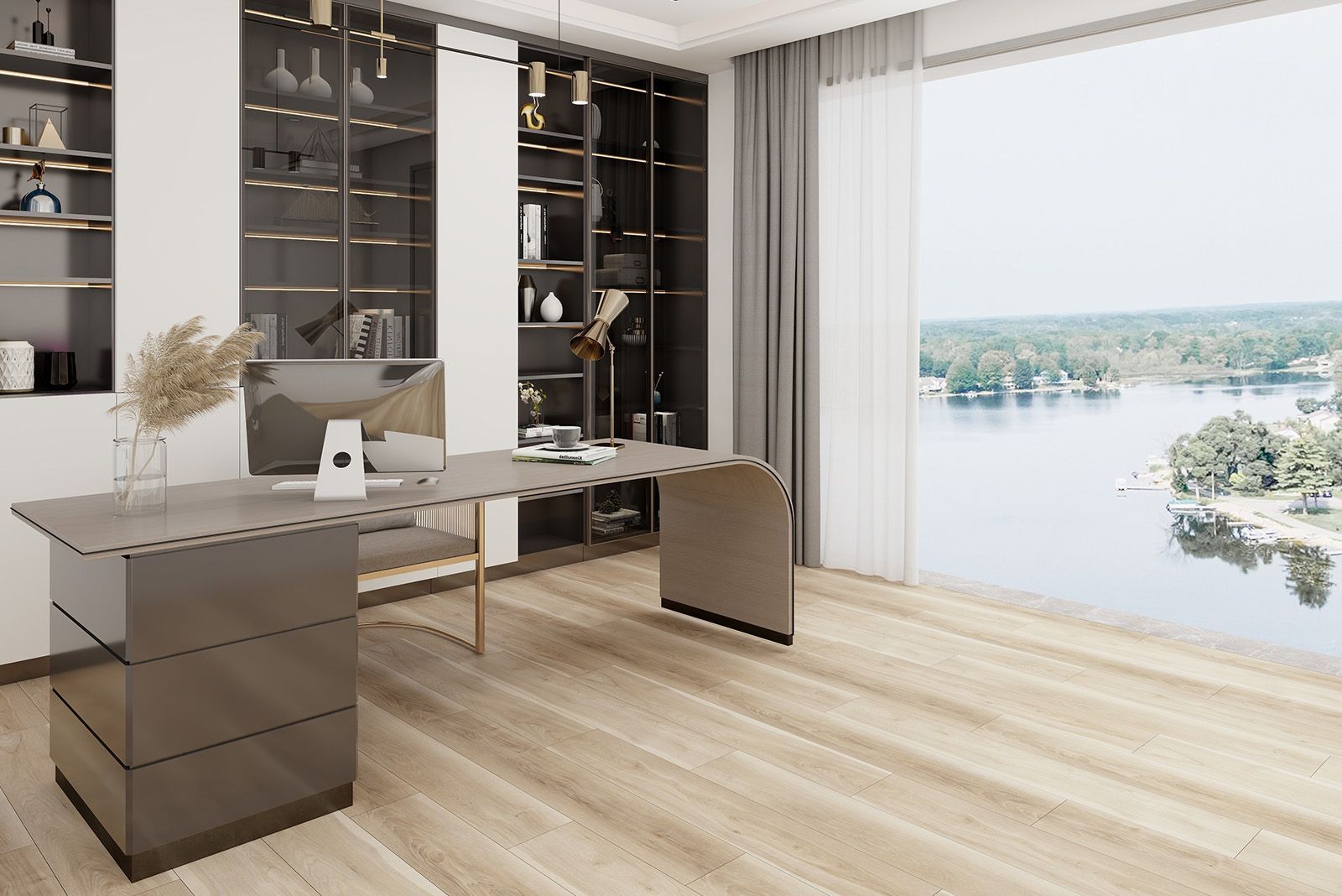 A home office with a desk and a large window overlooking a lake.