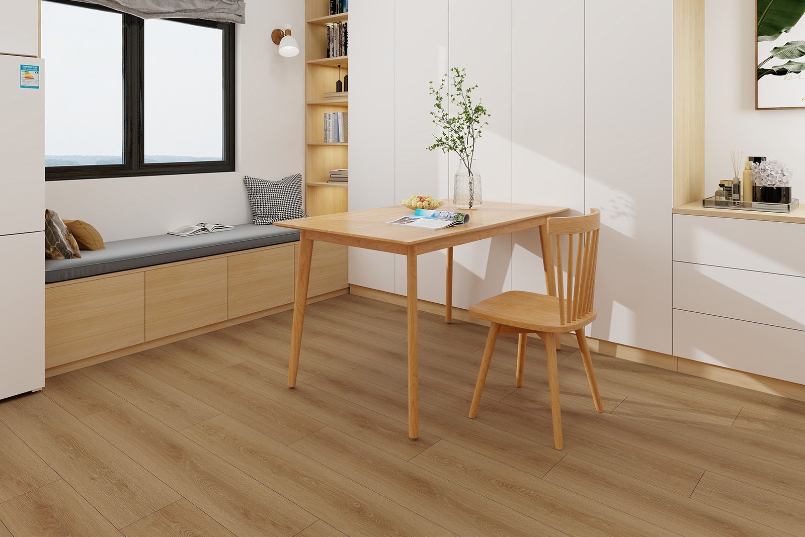 There is a table and chair in the room.