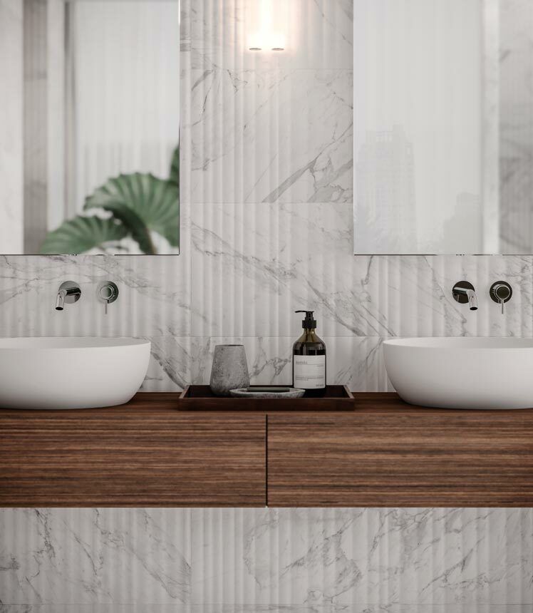 A bathroom with two sinks and a mirror.