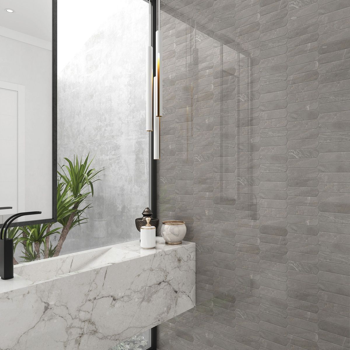 A bathroom with a marble sink and a large mirror.