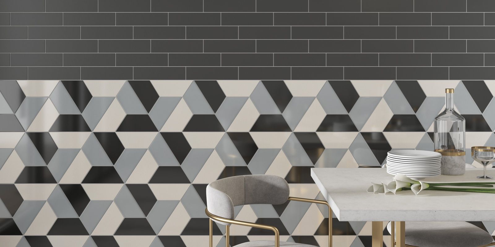 A dining room with a table and chairs and a wall with geometric tiles.