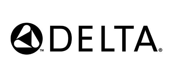 Delta logo: Black circle with white triangle and teardrop shapes,