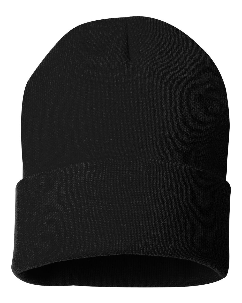 A black beanie is shown on a white background.