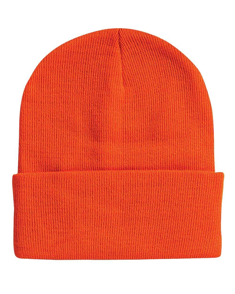 A bright orange beanie is shown on a white background.
