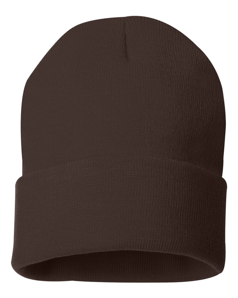 A brown beanie is shown on a white background