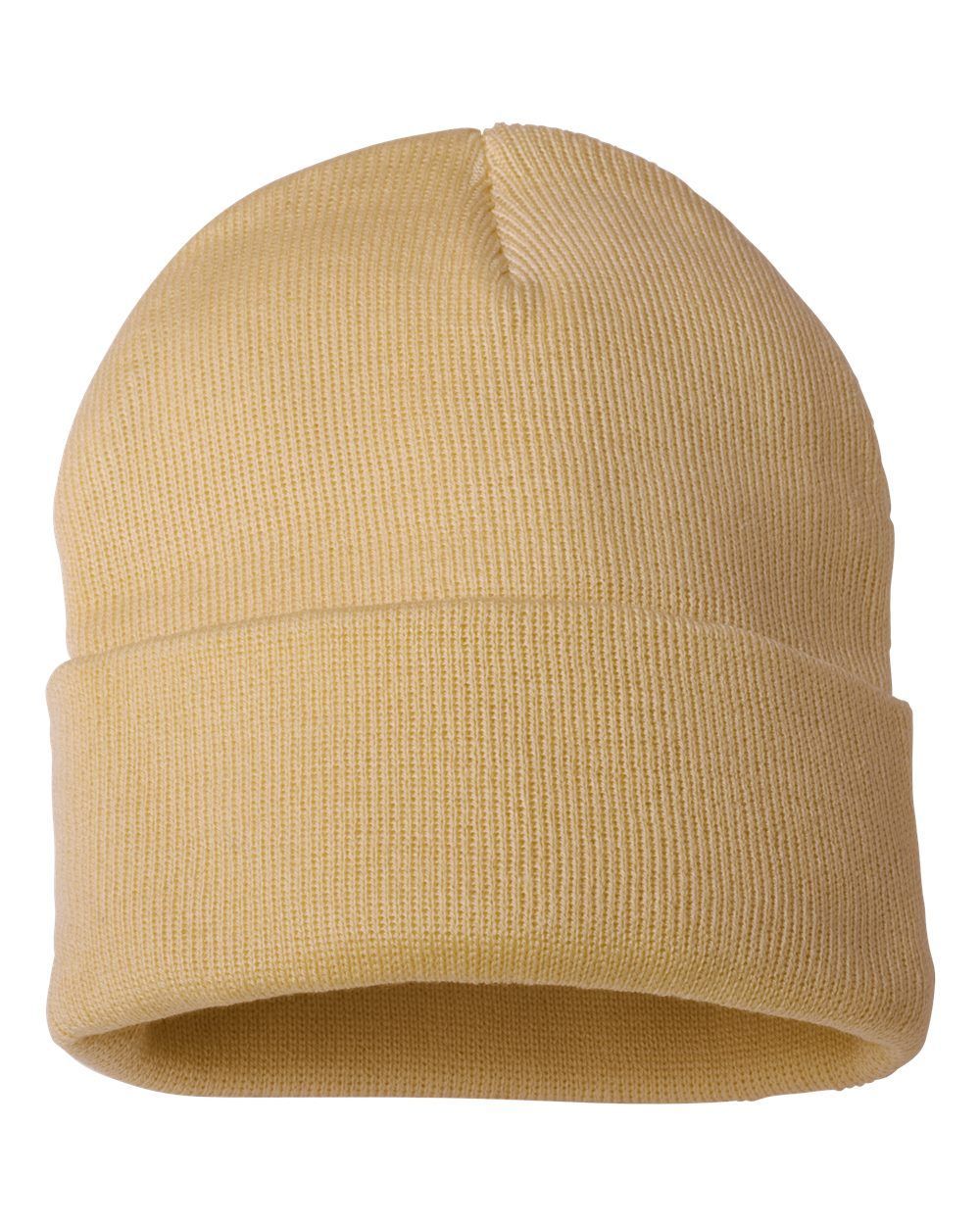 A close up of a tan beanie on a white background