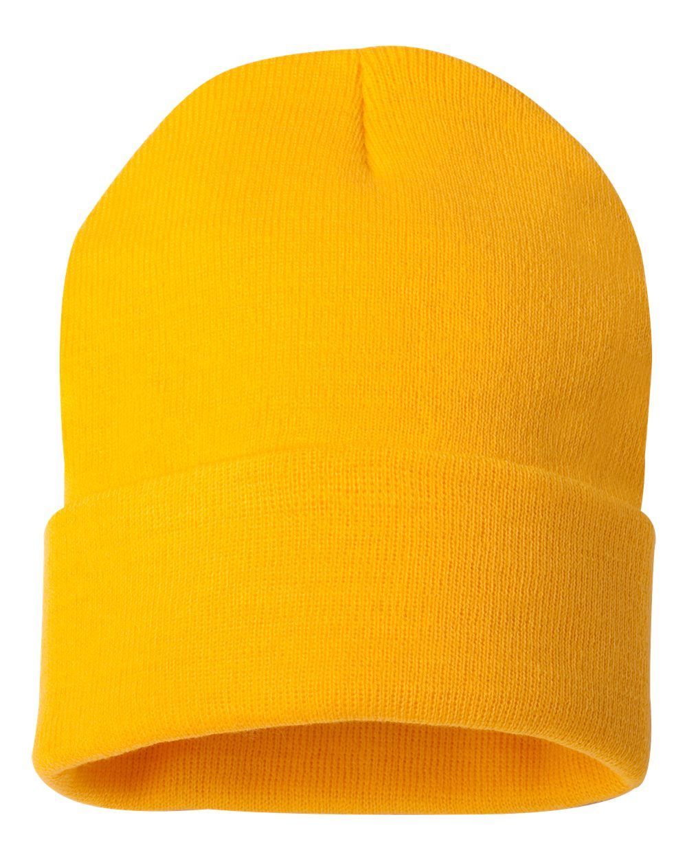 A yellow beanie is shown on a white background