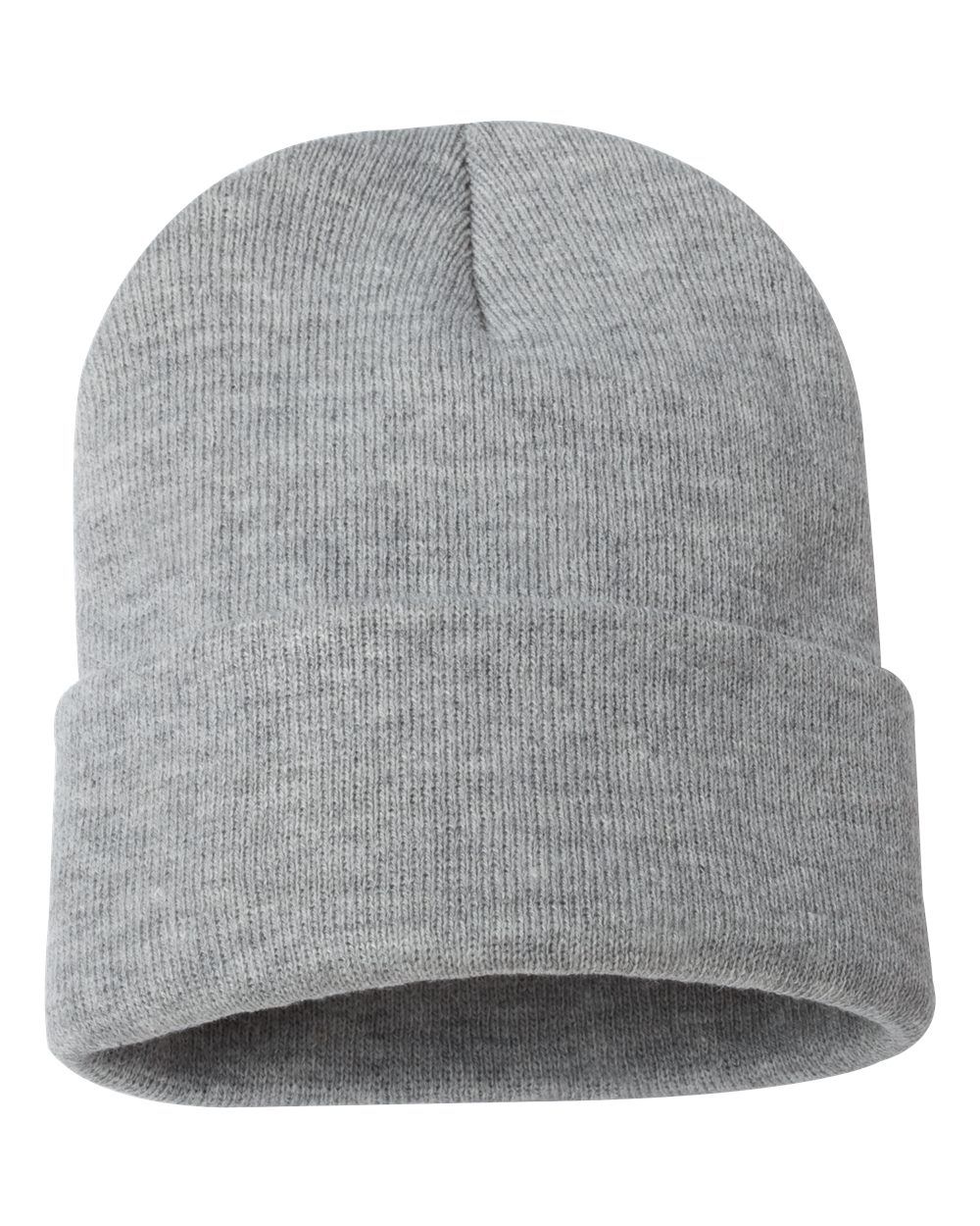A close up of a grey beanie on a white background.