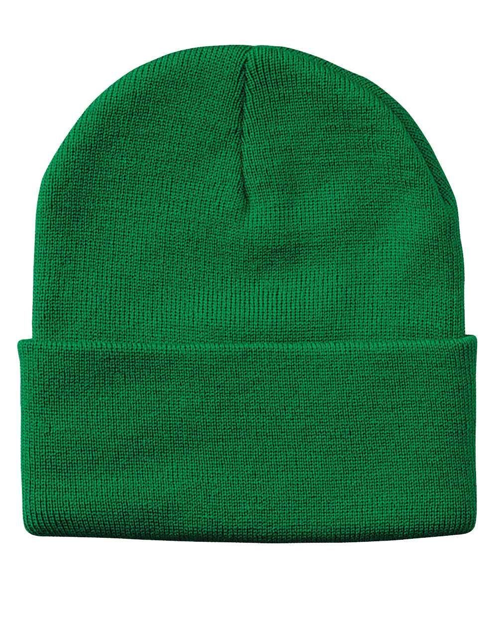 A green beanie is shown on a white background.