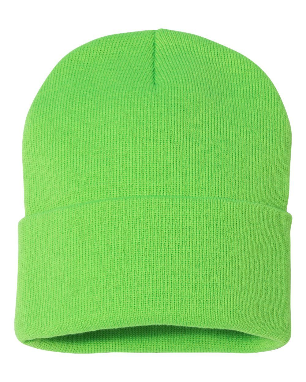 A bright green beanie is shown on a white background.