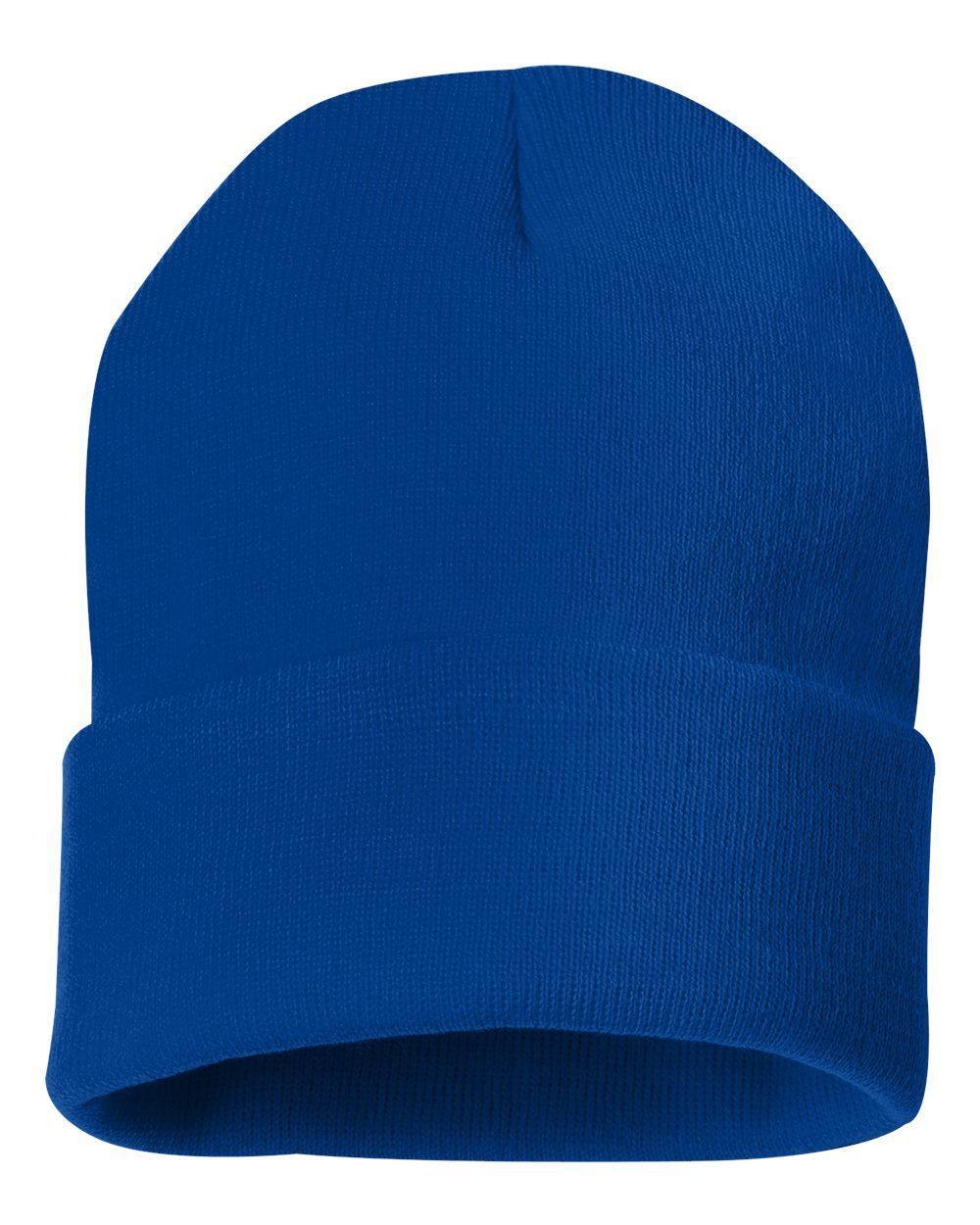 A blue beanie is shown on a white background