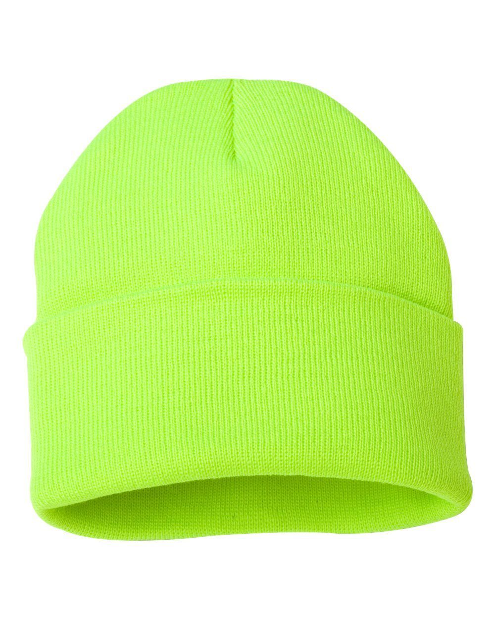 A neon green beanie hat is on a white background.