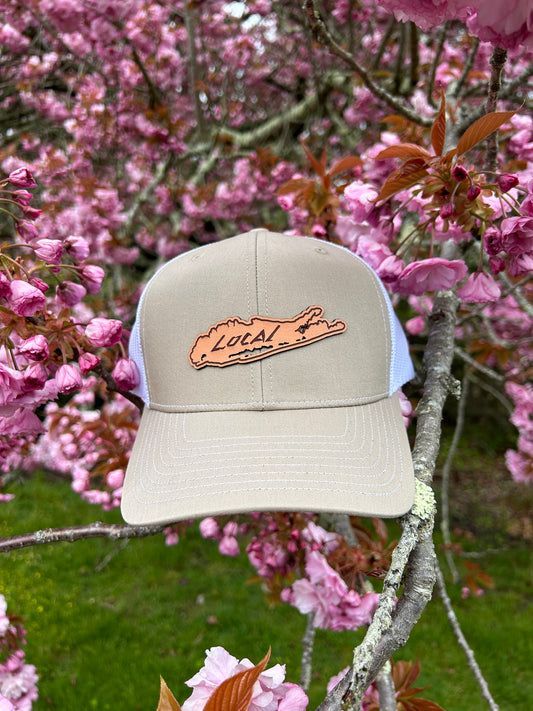 A baseball cap is sitting on a tree branch surrounded by pink flowers.