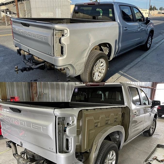 Silver pickup truck with rear taillights removed, shown outdoors and in a garage, side-by-side comparison of body repair.