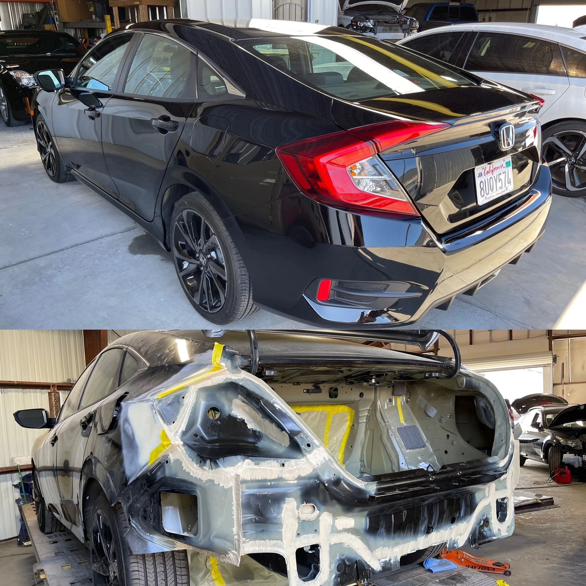 Black Honda Civic with rear damage and crumpled bodywork, shown next to a heavily damaged shell in a repair shop.