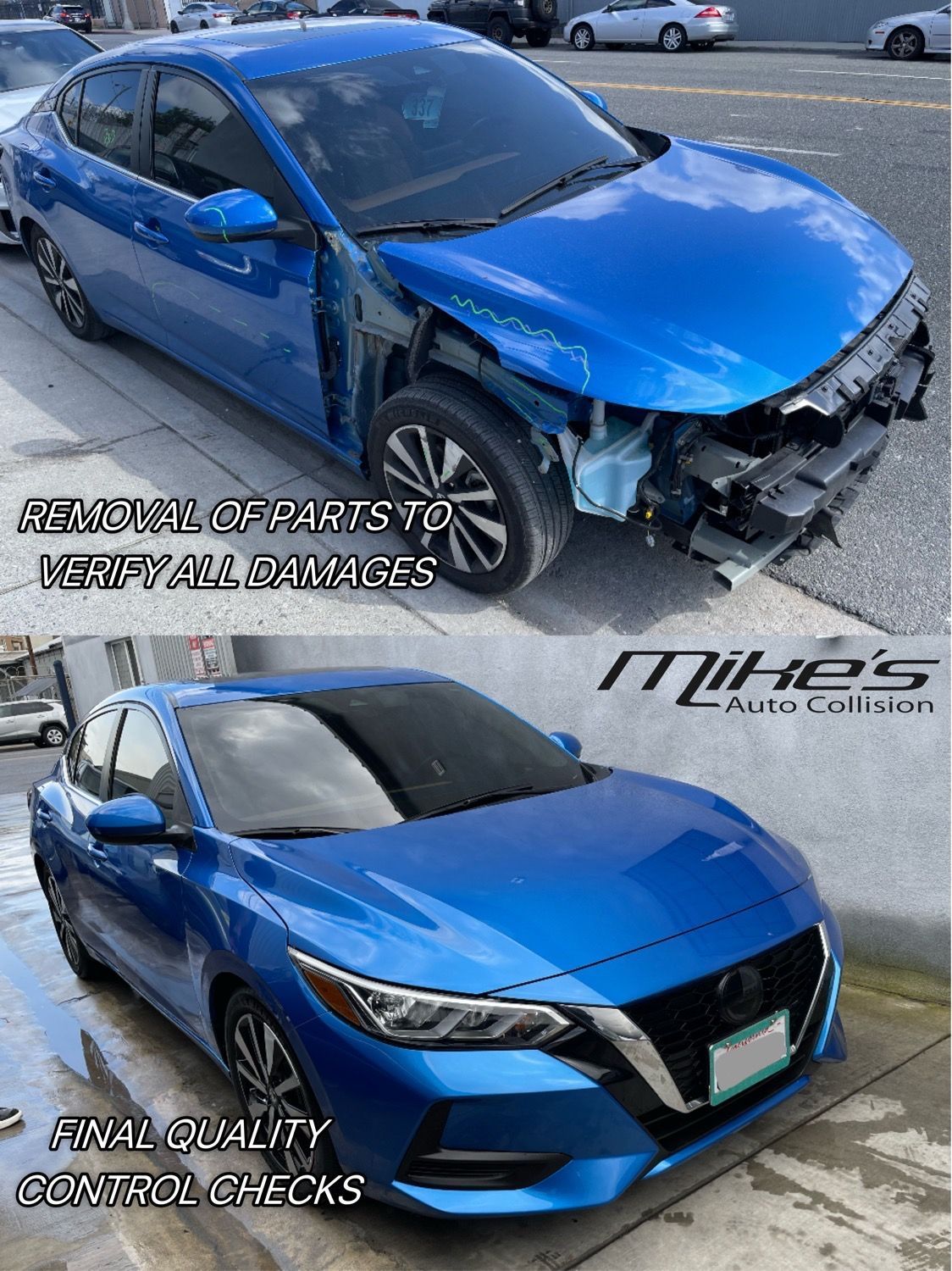 Blue sedan before-and-after collision repair on a curbside lot, front bumper damaged then restored.