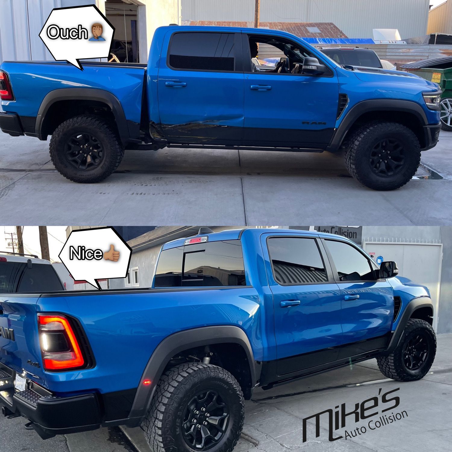 Blue lifted pickup truck shown in side and rear views, with black off-road wheels and tinted windows.
