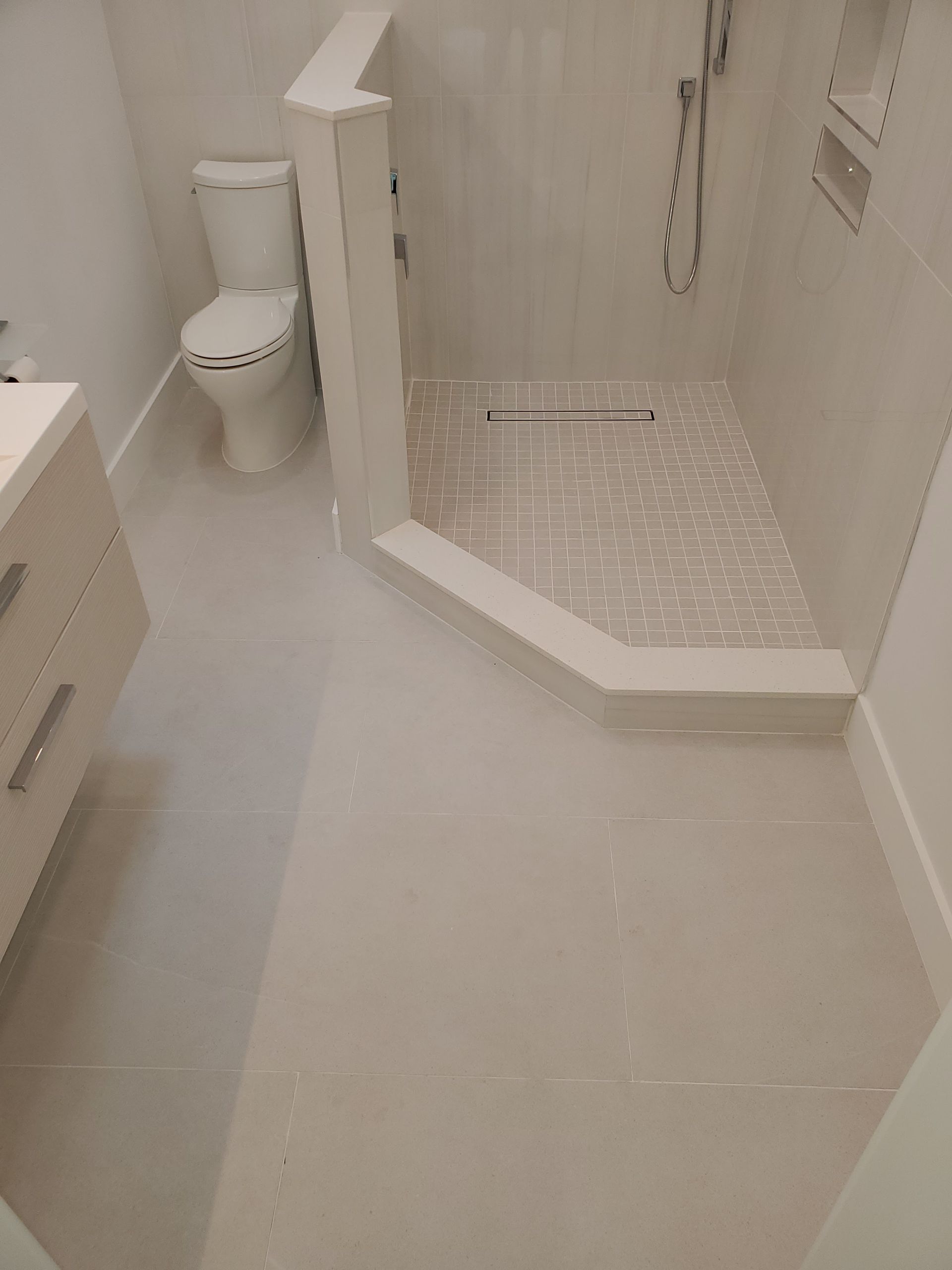 A high-angle view of a modern neutral-toned bathroom featuring a walk-in shower with tiled floors and a nearby toilet.
