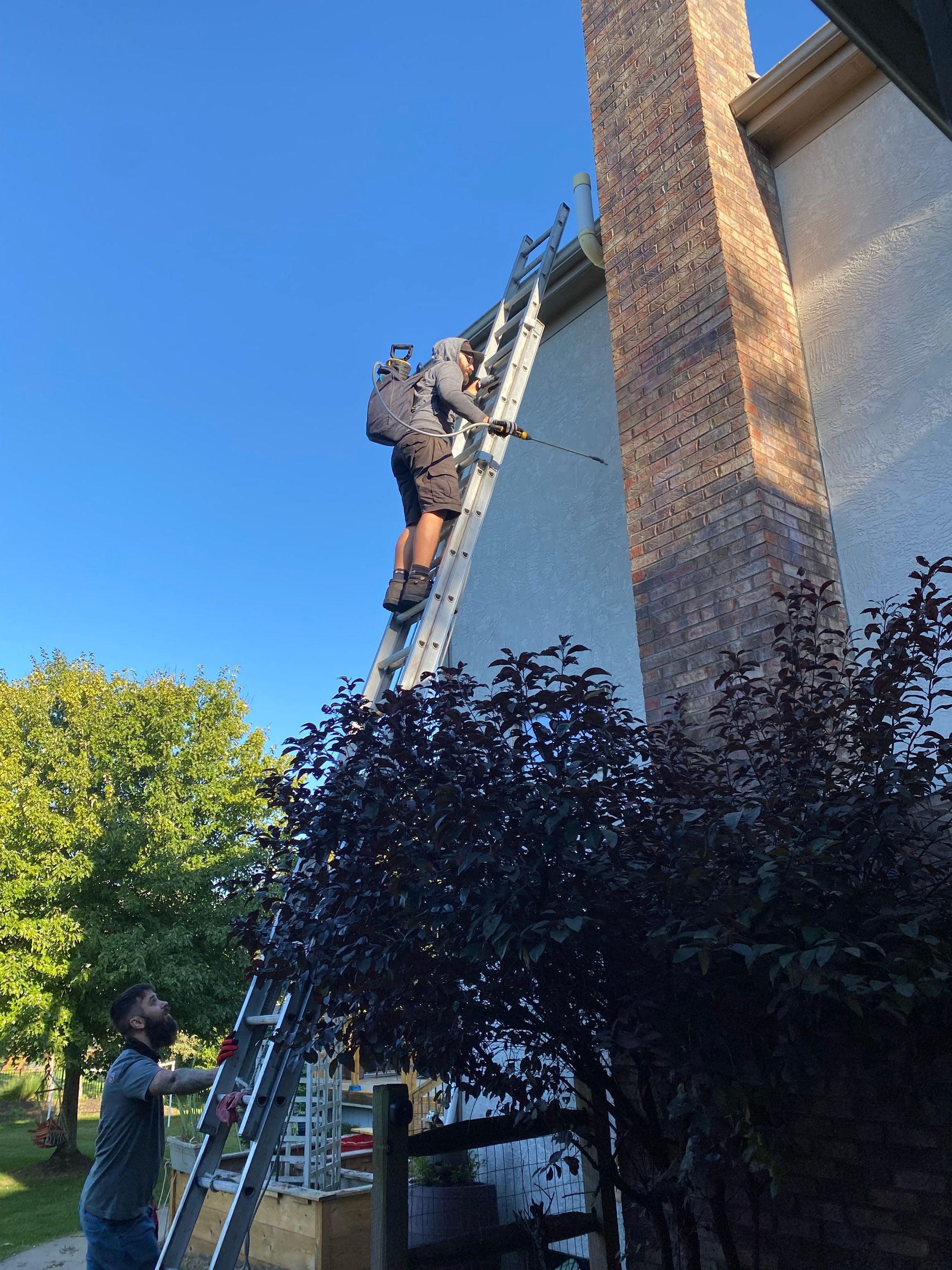 Two people on a ladder, one climbing near a chimney, the other on the ground holding the ladder. Blue sky background.