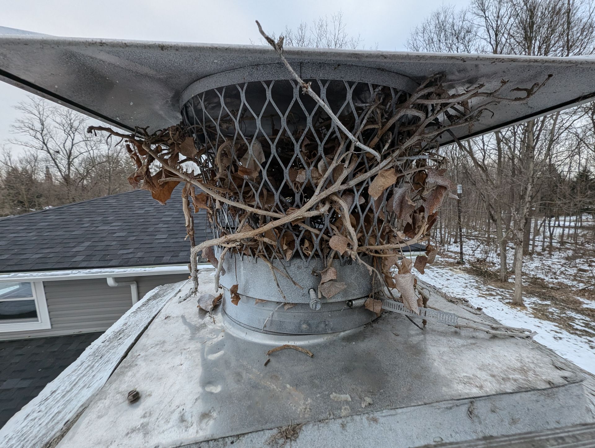 Chimney cap with nest of twigs and leaves, covered in frost, on a rooftop with snow.