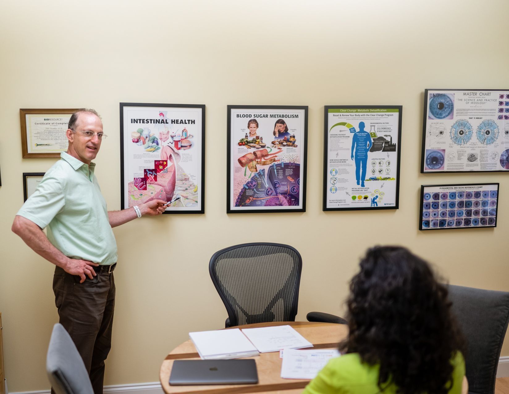 Man in green shirt points at poster, explaining to seated woman. Posters on beige wall.