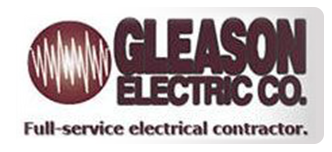 Logo for Gleason Electric Co., a full-service electrical contractor. Maroon circle with sound wave graphic, maroon text on white background.