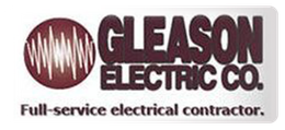 Logo for Gleason Electric Co., a full-service electrical contractor. Maroon circle with sound wave graphic, maroon text on white background.
