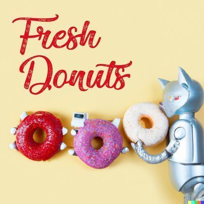 A robot holding a donut in front of a sign that says fresh donuts