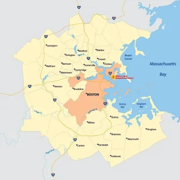 Map of Boston and surrounding towns, highlighting the city's boundaries and geographical features.