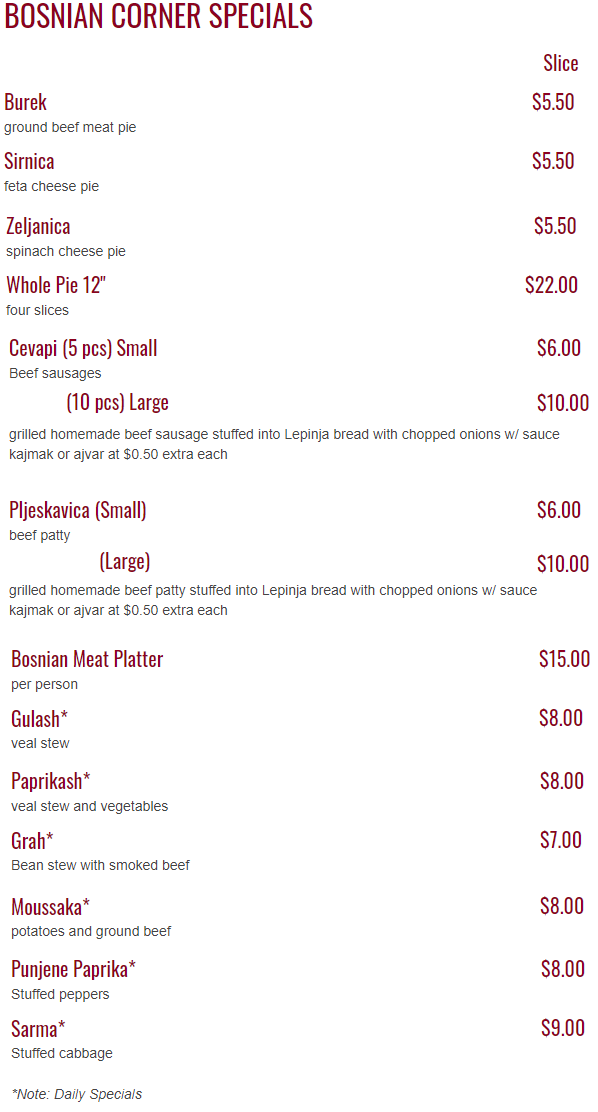 BOSNIAN CORNER SPECIALS