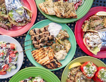 Different types of food on the plates on the table