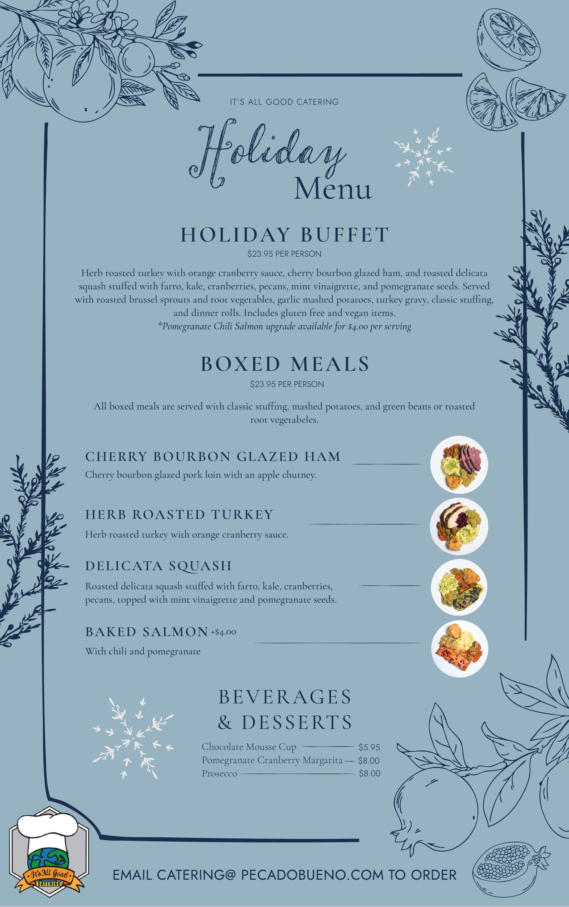 Holiday Menu with food photos and details